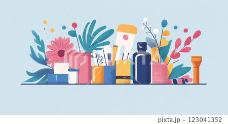 Celebrate National DIY Day with this cheerful illustration of craft supplies and flowers. Perfect for blogs, social media, or crafting websites 123041352