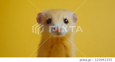 Adorable golden ferret poses for a picture against a bright yellow background. Celebrate National Ferret Day with this charming image perfect for pet-related projects or social media 123041353