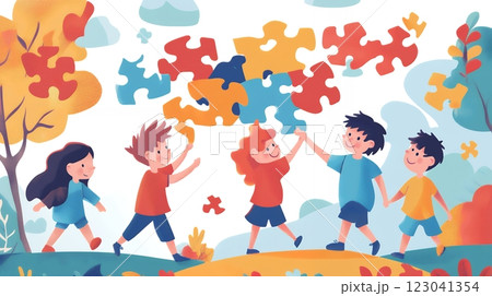 Happy diverse children collaborate, assembling colorful puzzle pieces together. A vibrant illustration celebrating World Autism Awareness Day, highlighting unity and teamwork 123041354