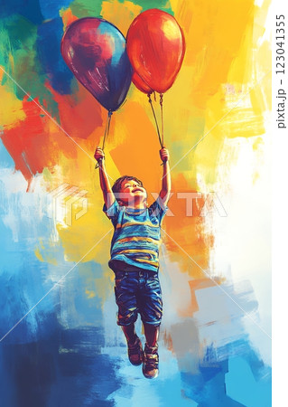A Caucasian boy, child, joyfully soars with vibrant balloons, celebrating World Autism Awareness Day. This colorful artwork symbolizes hope and freedom for autistic children 123041355