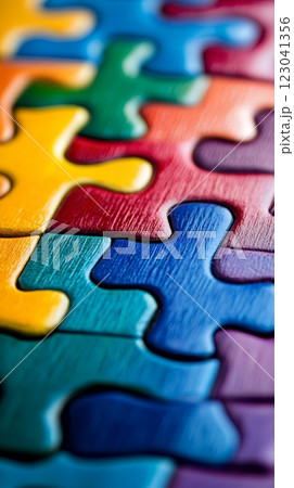 A vibrant rainbow-colored jigsaw puzzle symbolizes unity and diversity, perfect for World Autism Awareness Day. The intricate details highlight the complexity and beauty of neurodiversity 123041356