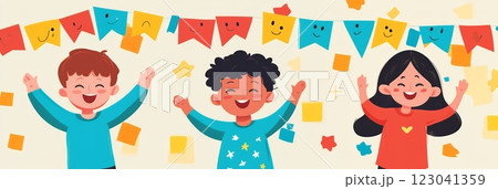Happy diverse children celebrate World Autism Awareness Day, joyfully playing amidst colorful party flags. Inclusion and acceptance are highlighted 123041359