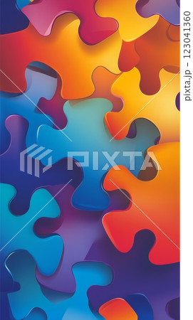 Vibrant puzzle pieces interlock, creating a colorful and abstract design. Perfect for representing unity, diversity, and the complexities of autism spectrum disorder awareness 123041360