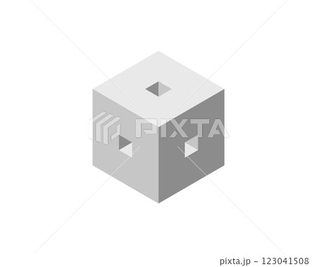 Isometric cube with square cutouts, minimalist design, perfect for technology, architecture, or abstract concepts. 123041508