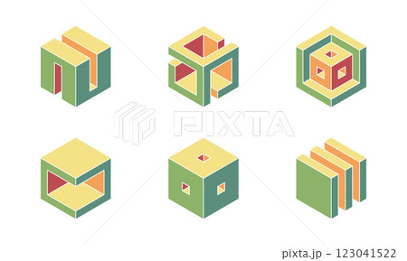 Cube logo, geometric vector design. Set box logotype company, trendy techno emblem in isometric 3D style. Cube logo, geometric vector design. Set box logotype company, trendy techno emblem in isometric 3D style. 123041522