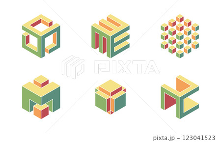 Cube logo, geometric vector design. Set box logotype company, trendy techno emblem in isometric 3D style. Cube logo, geometric vector design. Set box logotype company, trendy techno emblem in isometric 3D style. 123041523