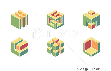 Cube logo, geometric vector design. Set box logotype company, trendy techno emblem in isometric 3D style. Cube logo, geometric vector design. Set box logotype company, trendy techno emblem in isometric 3D style. 123041525