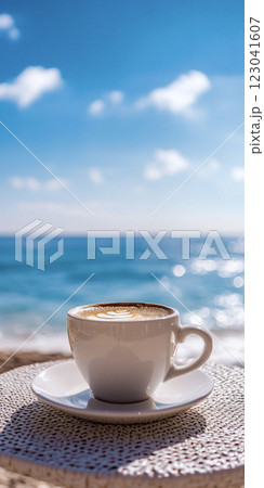海の見えるカフェで飲むホットコーヒー　AI画像 123041607