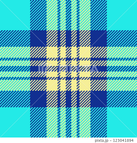 Vibrant teal, navy, and pale yellow plaid pattern. Geometric textile design ideal for fashion, web, or print projects. Vibrant teal, navy, and pale yellow plaid pattern. Geometric textile design ideal for fashion, web, or print projects. 123041894