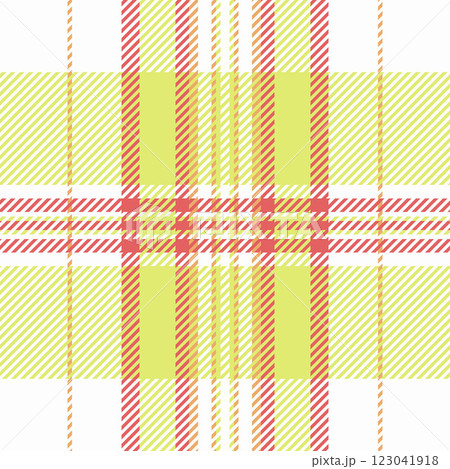 Vibrant pastel plaid pattern in yellow, coral, and white. Perfect for textile design, fashion, stationery, or website backgrounds.  This cheerful, fresh design evokes feelings of spring and summer. 123041918