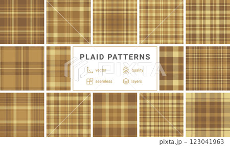 Fashionable plaid fabric designs with stripes and check patterns, perfect for repeating textile prints or trendy shirt materials. 123041963