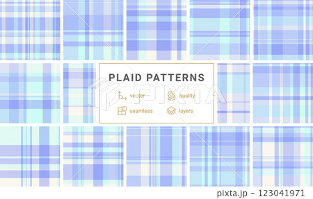 Scottish-inspired plaid collection with rustic checkered designs. Great for fashion, fabric prints, and geometric textile patterns. 123041971