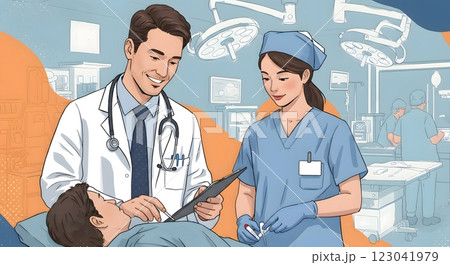 Modern Illustration of a Doctor and Nurse Attending to a Patient in a Hospital 123041979