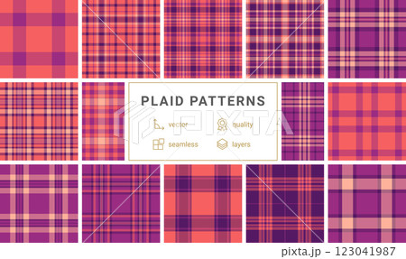 Twelve vibrant plaid patterns in coral and purple hues. Seamless vector designs, ideal for textile prints, web backgrounds, and fashion projects. Highquality layered files for easy customization. Twelve vibrant plaid patterns in coral and purple hues. Seamless vector designs, ideal for textile prints, web backgrounds, and fashion projects. Highquality layered files for easy customization. 123041987