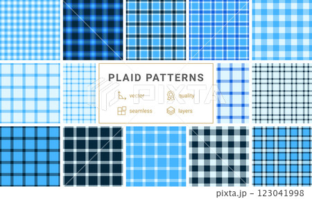 Twelve seamless vector plaid patterns in refreshing blue and navy hues.  Perfect for textile design, website backgrounds, or crafting projects. Highquality, layered files for easy editing. 123041998