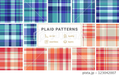A plaid pattern collection inspired by English textiles, ideal for fabric design, shirts, or old-fashioned yet trendy clothing prints. 123042007