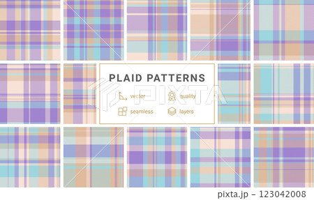Twelve pastel plaid patterns in soft purple, beige, and aqua.  Seamless vector designs ideal for fabric, textile, wallpaper, and web design projects. Highquality layered files for easy customization. 123042008