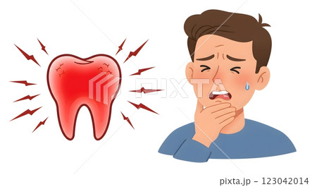Illustration of a Man Suffering from Severe Tooth Pain with a Red Inflamed Tooth 123042014