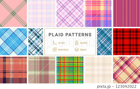 Plaid fabric designs with square checks and horizontal stripes, perfect for rustic fashion, celtic patterns, and classic British textiles. 123042022