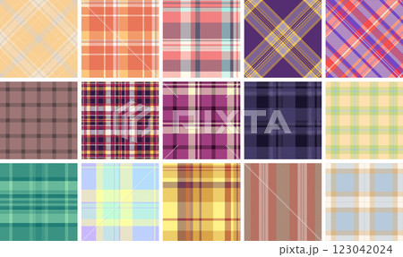 Vibrant collection of 16 unique plaid patterns.  Perfect for textile design, fashion, websites, and crafting projects.  Various colors and styles offer endless design possibilities. 123042024