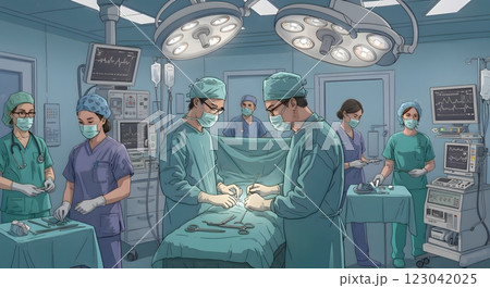 Illustration of a Surgical Team Performing an Operation in a High-Tech Operating Room 123042025