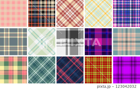 Colorful plaid designs featuring horizontal stripes, ideal for textile prints, invitations, and repeating wallpapers with a Scottish influence. Colorful plaid designs featuring horizontal stripes, ideal for textile prints, invitations, and repeating wallpapers with a Scottish influence. 123042032
