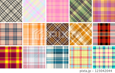 Vibrant collection of 16 seamless plaid patterns.  Perfect for textile design, fashion, website backgrounds, or scrapbooking.  Offers diverse color palettes and styles, from classic to modern. 123042044