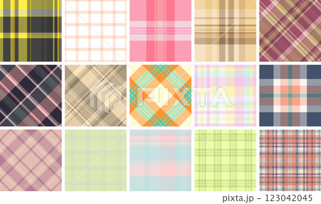 Plaid fabric designs featuring colorful checks and stripes, ideal for textile, wallpaper, or trendy fashion prints. Plaid fabric designs featuring colorful checks and stripes, ideal for textile, wallpaper, or trendy fashion prints. 123042045