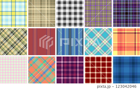 Geometric plaid and checkered patterns designed for textile and fabric use, adding a rustic, old-fashioned touch to clothes and home decor. 123042046