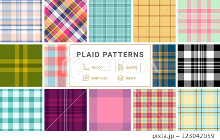 Plaid textile collection with a mix of striped and checkered designs, ideal for fabric, shirts, or classic British-themed decor. Plaid textile collection with a mix of striped and checkered designs, ideal for fabric, shirts, or classic British-themed decor. 123042059