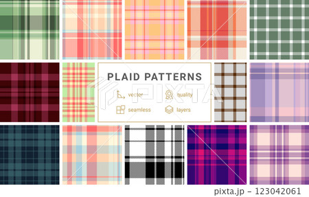 Gingham-inspired plaid patterns, great for textile, fabric, and shirt designs with rustic and British fashion vibes. 123042061