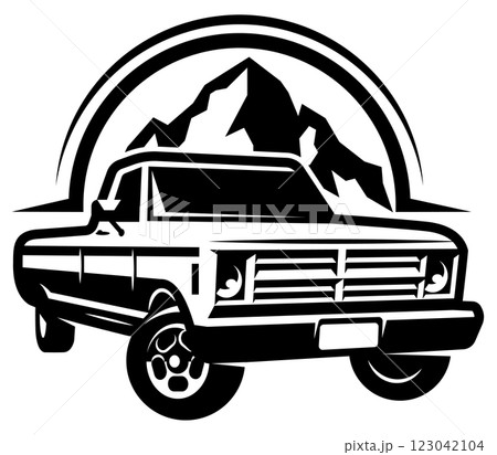 Bold black and white illustration of a classic farm pickup truck with mountain peaks in the background symbolizing rugged utility and outdoor adventure Bold black and white illustration of a classic farm pickup truck with mountain peaks in the background symbolizing rugged utility and outdoor adventure 123042104