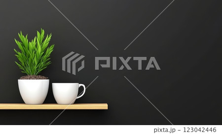 Green plant and mug on shelf 123042446