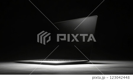 Modern laptop backlit on dark surface 123042448