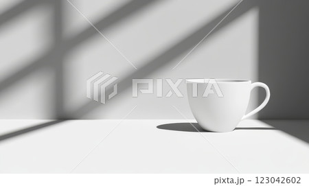 White cup with shadows, positioned on a light surface. 123042602
