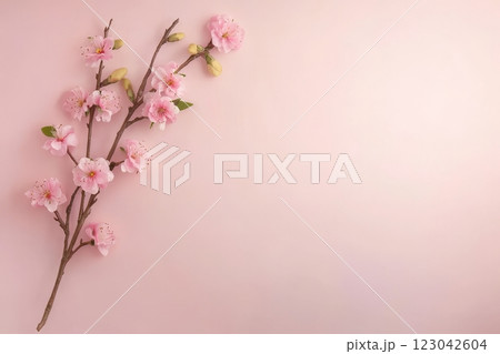 Cherry blossom branch arranged on a soft pink background 123042604