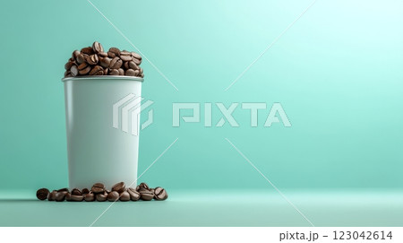 A cup filled with roasted coffee beans rests on a light surface 123042614