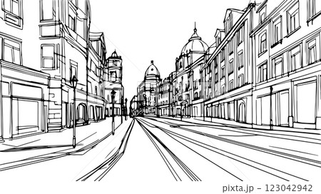 Urban street view perspective. Buildings architecture line sidewalk. Suitable for travel blog historic guide architecture presentation. Black and white line art low angle white background 123042942