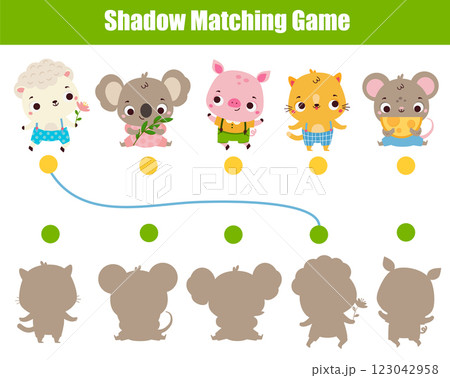 Shadow matching game for children. Kids activity with cute animals. Learning page for toddlers Shadow matching game for children. Kids activity with cute animals. Learning page for toddlers 123042958