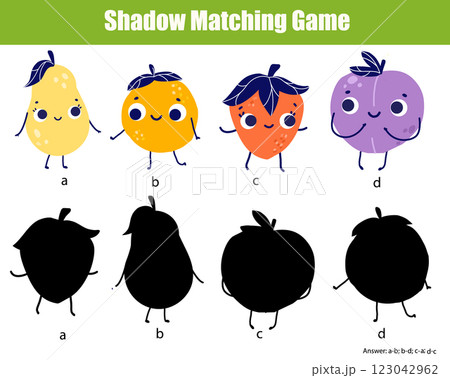 Shadow matching game for children. Kids activity with cute fruits. Learning page for toddlers 123042962