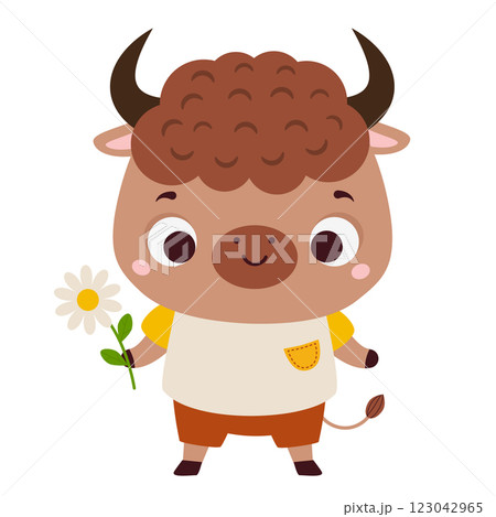 Cute happy yak. Cartoon bull animal character for kids and children 123042965