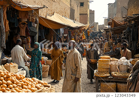 Vibrant Historic Marketplace Scene Filled with People in Traditional Clothing 123043349