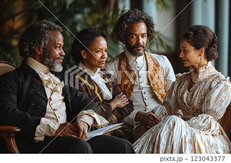 Historical Scene with Four People Dressed in 19th Century Attire Captured Beautifully Historical Scene with Four People Dressed in 19th Century Attire Captured Beautifully 123043377