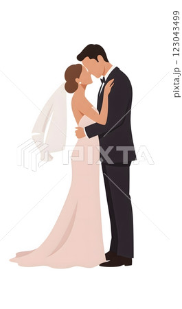 Romantic Wedding Kiss Illustration of Bride and Groom in Elegant Attire 123043499