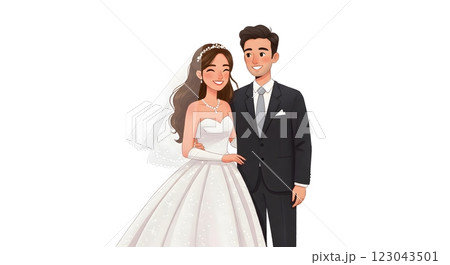 Smiling Bride and Groom in Elegant Wedding Attire - Romantic Illustration Smiling Bride and Groom in Elegant Wedding Attire - Romantic Illustration 123043501