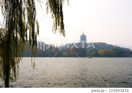 中国 浙江省杭州市、世界遺産の西湖と雷峰塔 123043818