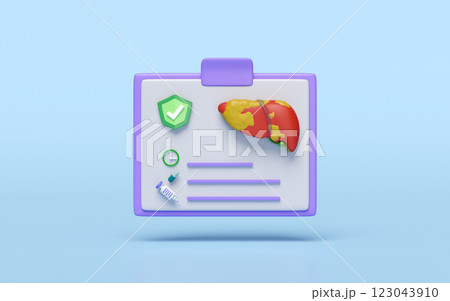 3d checklist for health fatty liver disease isolated on blue background. health check report, time to give medicine concept, 3d illustration render 3d checklist for health fatty liver disease isolated on blue background. health check report, time to give medicine concept, 3d illustration render 123043910