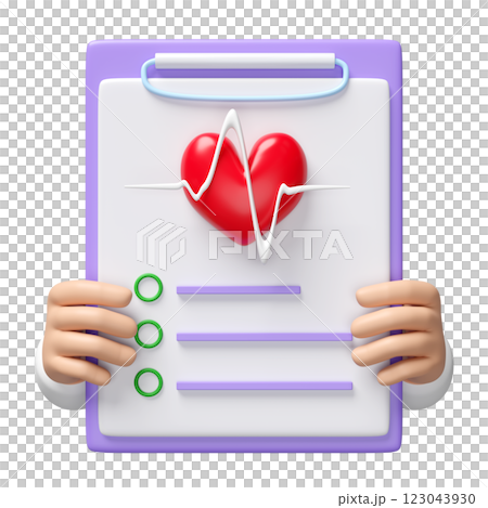 3d doctor hand holding checklist for health with heart, heartbeat isolated. health check report concept, 3d illustration render 123043930