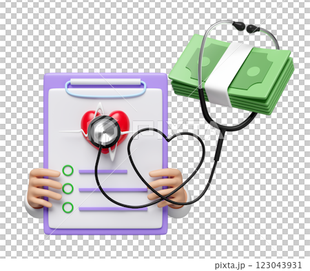 3d doctor hand holding checklist for health with stethoscope, banknote stack, heart, heartbeat isolated. Health check cost concept, 3d illustration render 3d doctor hand holding checklist for health with stethoscope, banknote stack, heart, heartbeat isolated. Health check cost concept, 3d illustration render 123043931
