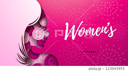 8 March. Happy Women's Day Floral Illustration. International Womens Day Vector Design with Rose Flower and Young Woman Face Silhouette on Pink Background. Women or Mother Day Theme Template for Flyer 8 March. Happy Women's Day Floral Illustration. International Womens Day Vector Design with Rose Flower and Young Woman Face Silhouette on Pink Background. Women or Mother Day Theme Template for Flyer 123043955